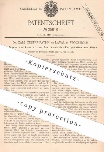 original Patent: Dr. Carl Gustaf Patrik de Laval , Stockholm , Schweden , 1885 , Fettgehalt von Milch bestimmen | Molke
