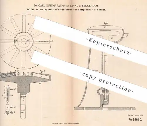 original Patent: Dr. Carl Gustaf Patrik de Laval , Stockholm , Schweden , 1885 , Fettgehalt von Milch bestimmen | Molke