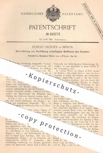 original Patent: Rudolf Richter , Berlin , 1892 , Verhütung unbefugten Öffnens der Fenster | Schloss , Schlosser !!