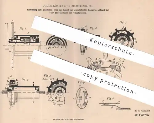 original Patent - Julius Küster , Berlin / Charlottenburg , 1900 , Gesperre u. Freilauf am Fahrrad | Fahrräder , Antrieb