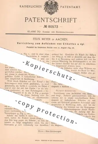 original Patent - Felix Meyer , Aachen , 1894 , Aufkleben von Etiketten | Papier , Kleber , Klebstoff , Etikett