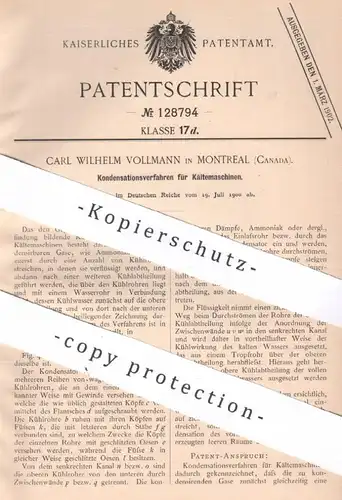 original Patent - Carl Wilhelm Vollmann , Montreal , Canada , 1900 , Kondensation bei Kältemaschinen | Kühlung