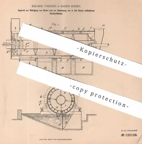 original Patent - Eduard Theisen , Baden-Baden , 1899 , Reinigung von Gasen | Gas , Gase !