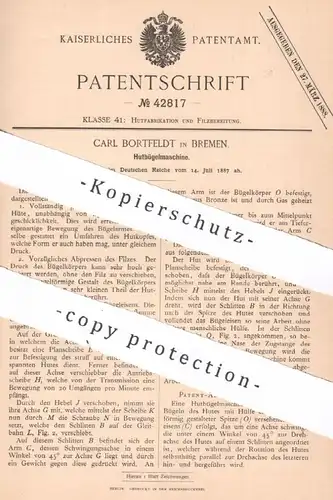 original Patent - Carl Bortfeldt , Bremen , 1887 , Hutbügelmaschine | Hut - Bügelmaschine | Hüte , Modist , Hutmacher