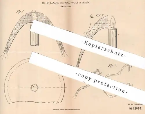 original Patent - Dr. W. Kochs , Max Wolz , Bonn , 1887 , Reflector von Glas | Reflektor | Gläser , Prisma , Glühlampe