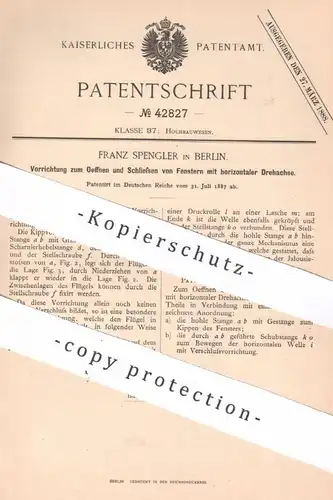 original Patent - Franz Spengler , Berlin 1887 , Öffnen & Schließen der Fenster | Fensterbauer | Kippfenster , Scharnier