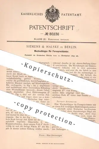 original Patent - SIEMENS & HALSKE , Berlin , 1893 , Wechselklappe für Fernsprecher | Telegraphy , Telefon , Strom !!