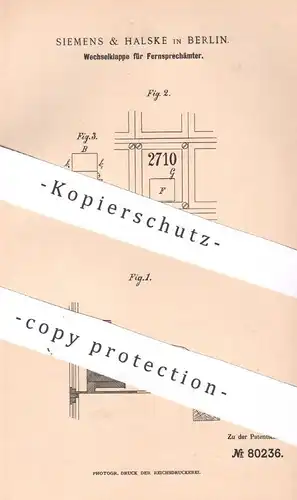 original Patent - SIEMENS & HALSKE , Berlin , 1893 , Wechselklappe für Fernsprecher | Telegraphy , Telefon , Strom !!