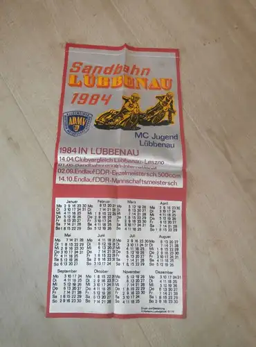 Sandbahn MC Jugend Lübbenau , 1984 , großer Stoffkalender , ADMV Terminkalender , DDR , Speedway , Bahnsport !!!