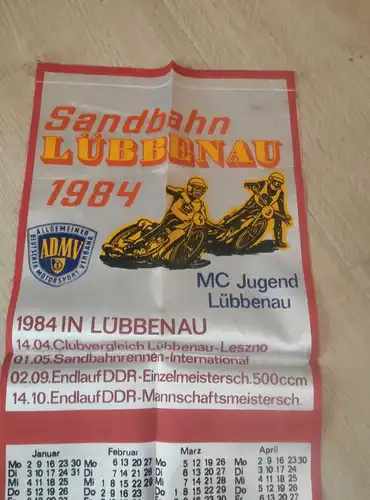 Sandbahn MC Jugend Lübbenau , 1984 , großer Stoffkalender , ADMV Terminkalender , DDR , Speedway , Bahnsport !!!