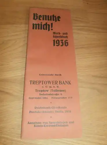 Treptower Bank in Treptow a. Tollense , 1936 , Merk- und Schreibbuch , Neubrandenburg , Mecklenburg , Altentreptow !!!