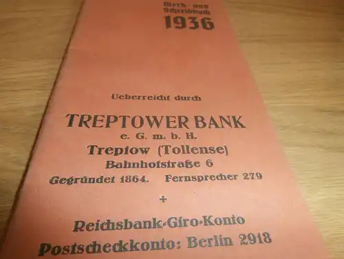 Treptower Bank in Treptow a. Tollense , 1936 , Merk- und Schreibbuch , Neubrandenburg , Mecklenburg , Altentreptow !!!