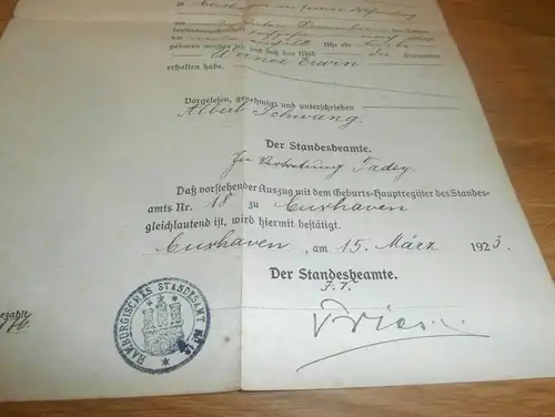 alte Geburtsurkunde Cuxhaven 1923 , Johannes Schwang , Martha Soltziem !!!