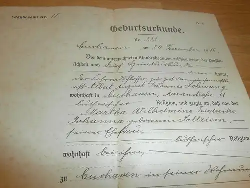 alte Geburtsurkunde Cuxhaven 1923 , Johannes Schwang , Martha Soltziem !!!