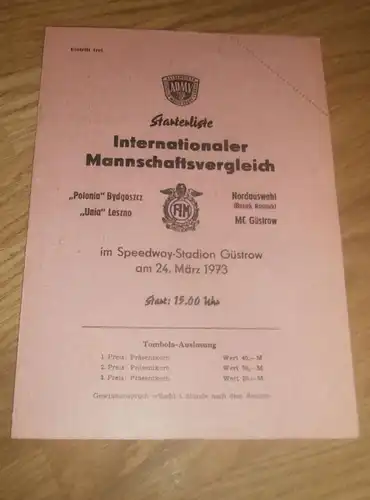Speedway Güstrow 24.3.1973 , Bydgoszcz , Leszno , Rostock  , Programmheft / Programm / Rennprogramm , program !!!