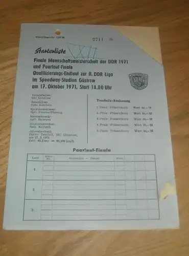 Speedway Güstrow 17.10.1971 , Finale DDR Meisterschaft , Programmheft / Programm / Rennprogramm , program !!!