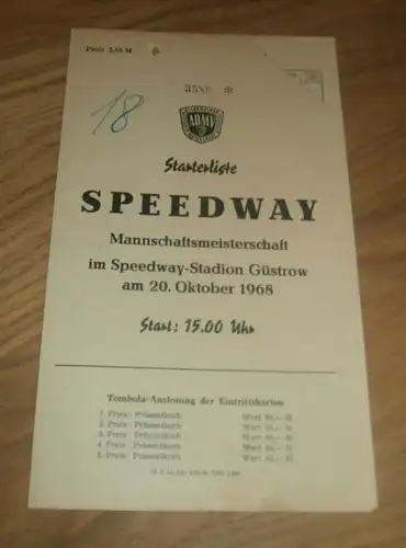Speedway Güstrow 20.10.1968 , Mannschaftsmeisterschaft , Programmheft / Programm / Rennprogramm , program !!!