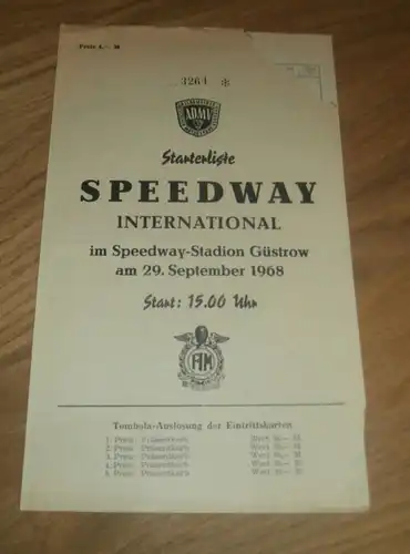 Speedway Güstrow 29.9.1968 , International , Programmheft / Programm / Rennprogramm , program !!!