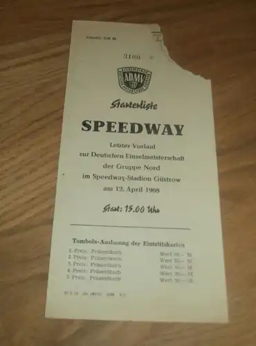 Speedway Güstrow 12.04.1968 , Deutsche Meisterschaft , Programmheft / Programm / Rennprogramm , program !!!