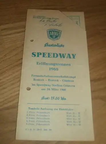 Speedway Güstrow 24.03.1968 , Rostock - Güstrow , Programmheft / Programm / Rennprogramm , program !!!