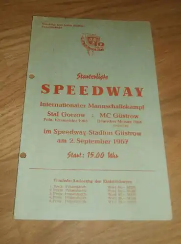 Speedway Güstrow 2.9.1967 , Stal Gorzow - MC Güstrow , Programmheft / Programm / Rennprogramm , program !!!