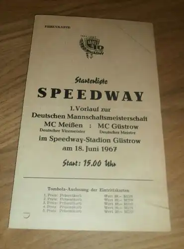 Speedway Güstrow 18.6.1967 , Deutsche Meisterschaft , Programmheft / Programm / Rennprogramm , program !!!
