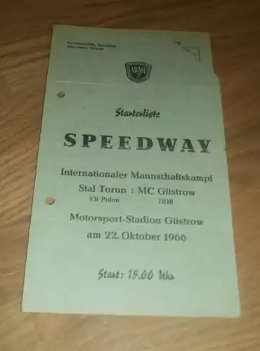 Speedway Güstrow 22.10.1966 , Torun - Güstrow , Programmheft / Programm / Rennprogramm , program !!!