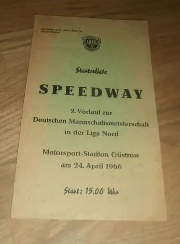 Speedway Güstrow 24.4.1966 , Deutsche Meisterschaft , Programmheft / Programm / Rennprogramm , program !!!