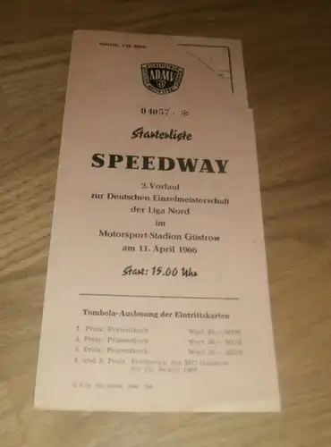 Speedway Güstrow 11.4.1966 , Deutsche Meisterschaft , Programmheft / Programm / Rennprogramm , program !!!