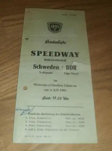 Speedway Güstrow 4.7.1965 , Schweden - DDR , Vetlanda , Programmheft / Programm / Rennprogramm , program !!!