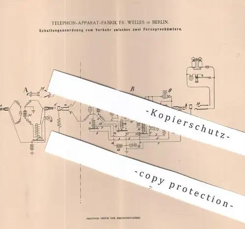 original Patent - Telephon Apparat Fabrik Fr. Welles , Berlin , 1899 , Fernsprecher - Schaltung | Telegraph , telegraphy