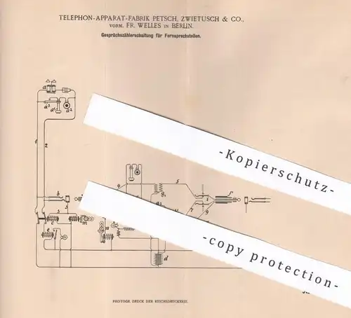 original Patent - Telephon Apparat Fabrik Petsch , Zwietusch & Co. Fr. Welles , Berlin | 1900 | Zähler für Fernsprecher