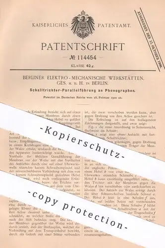 original Patent - Berliner Elektro Mechanische Werkstätten GmbH Berlin , 1900 , Schalltrichter - Führung am Phonograph