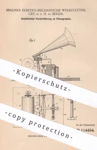 original Patent - Berliner Elektro Mechanische Werkstätten GmbH Berlin , 1900 , Schalltrichter - Führung am Phonograph