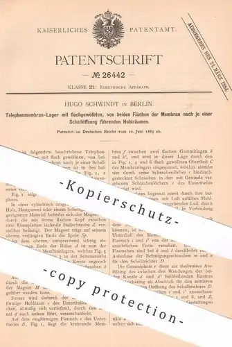 original Patent - Hugo Schwindt , Berlin , 1883 , Telephonmembran - Lager | Telephon , Telefon , Telegraphie , Elektrik