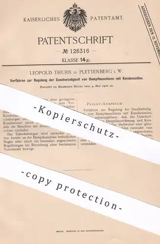 original Patent - Leopold Thurn , Plettenberg , 1900 , Regelung der Geschwindigkeit von Dampfmaschinen | Motor , Motoren