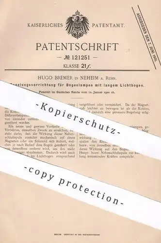 original Patent - Hugo Bremer , Neheim / Ruhr , 1900 , Regulator für Bogenlampen mit Lichtbogen | Lampen !!