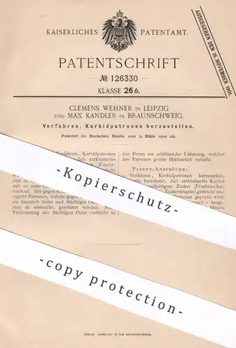original Patent - Clemens Wehner , Leipzig | Max Kandler , Braunschweig | 1900 | Karbidpatronen | Karbid | Zucker !!