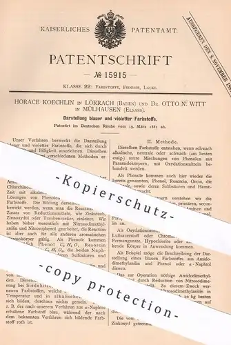 original Patent - Horace Koechlin , Lörrach | Dr. Otto N. Witt , Mülhausen , Elsass | 1881 | blau - violetter Farbstoff