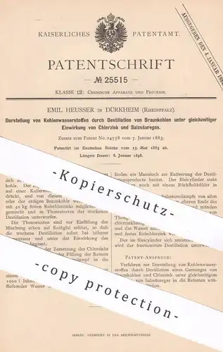 original Patent - Emil Heusser , Dürkheim / Rheinpfalz 1883 , Kohlenwasserstoff per Destillation von Braunkohle | Chemie