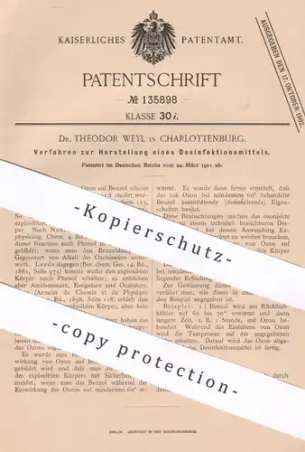 original Patent - Dr. Theodor , Weyl , Berlin / Charlottenburg , 1901 , Desinfektionsmittel - Herstellung | Benzol  Ozon