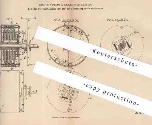 original Patent - Josef Gawron , Grabow / Stettin , 1886 , Lamellen - Reibungskupplung | Kupplung | Eisenbahn !!