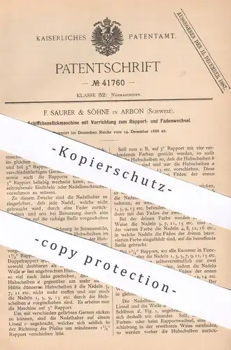 original Patent - F. Saurer & Söhne , Arbon , Schweiz , 1886 , Schiffchenstickmaschine | Stickmaschine | Nähmaschine