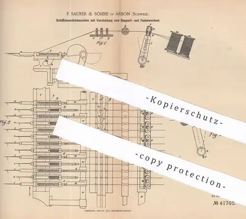 original Patent - F. Saurer & Söhne , Arbon , Schweiz , 1886 , Schiffchenstickmaschine | Stickmaschine | Nähmaschine