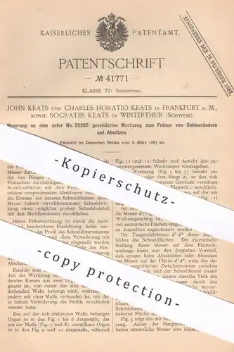 original Patent - John u. Charles Horatio Keats , Frankfurt / Main | Socrates Keats , Winterthur | Fräse für Schuhwerk