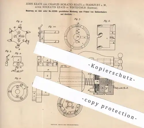 original Patent - John u. Charles Horatio Keats , Frankfurt / Main | Socrates Keats , Winterthur | Fräse für Schuhwerk