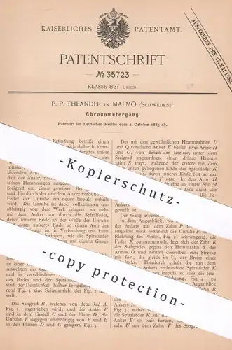 original Patent - P. P. Theander , Malmö , Schweden , 1885 , Chronometergang | Chronometer | Uhr , Uhren , Uhrmacher !!