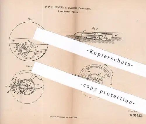 original Patent - P. P. Theander , Malmö , Schweden , 1885 , Chronometergang | Chronometer | Uhr , Uhren , Uhrmacher !!