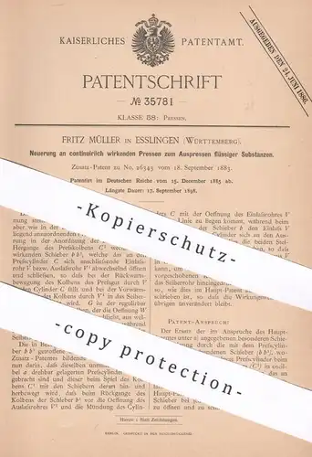 original Patent - Fritz Müller , Esslingen , Württemberg , Pressen zum Auspressen flüssiger Substanzen | Presse