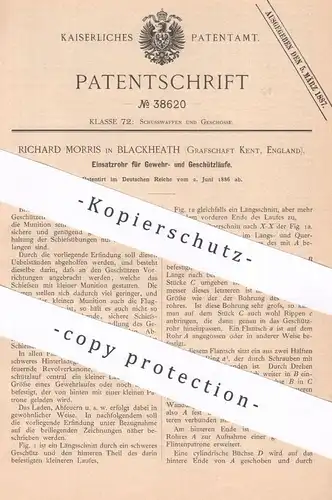 original Patent - Richard Morris , Blackheath , Kent , England , 1886 , Einsatzrohr für Gewehr u. Geschütz | Waffen !!